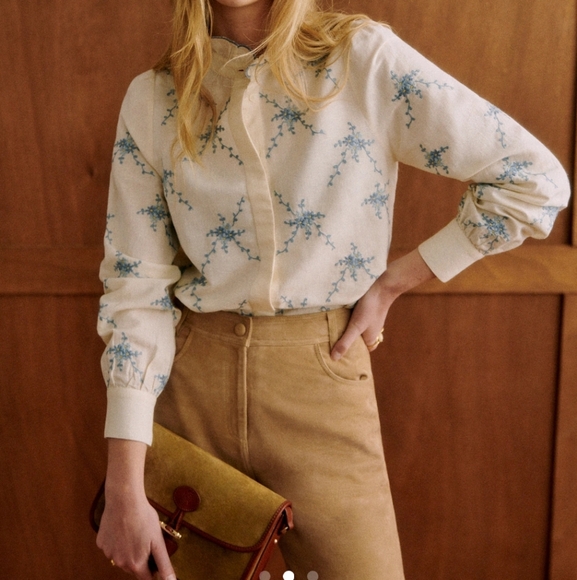 Sezane Ambre Shirt Blue Bouquet Embroidery - Size 4/36 - Picture 1 of 12